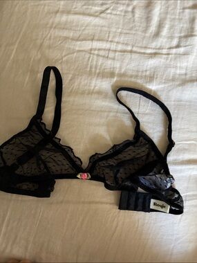 Rouje Black Sheer Lace Swiss Dot Bra with Pink Rosette Accent